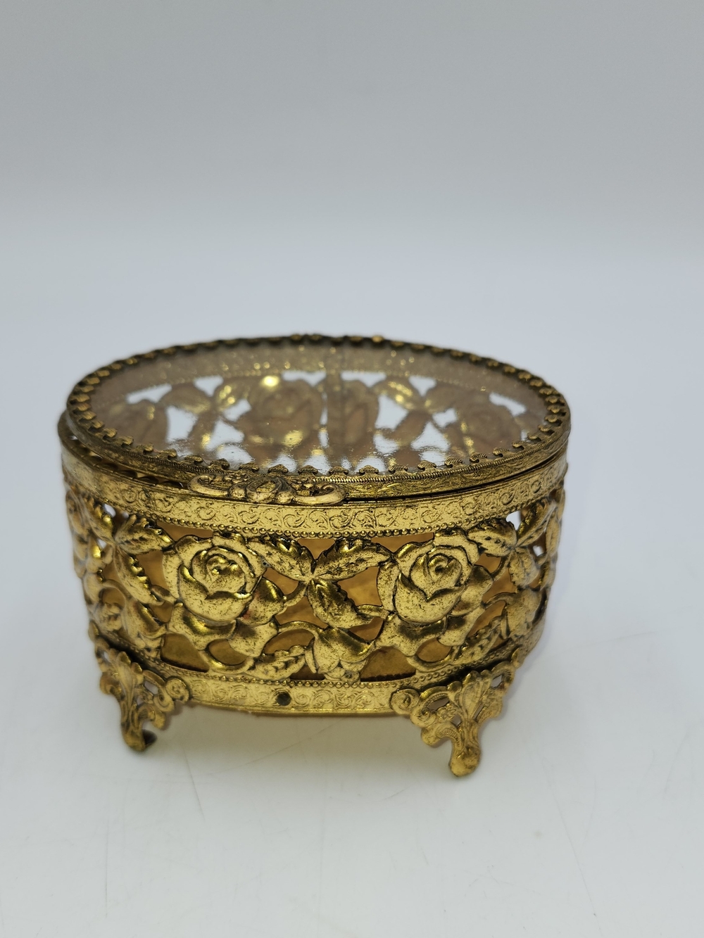 Ornate Gold Rose Filigree Jewelry Box Casket Vintage Small Oval